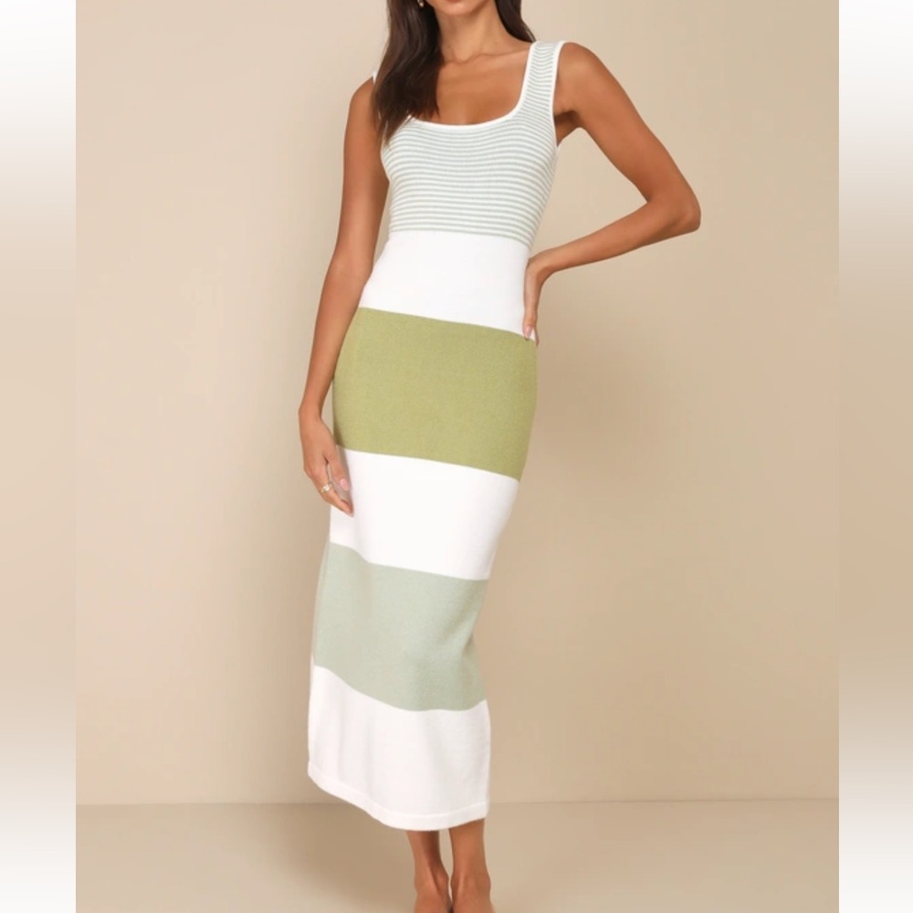 Lulu’s “Easily Gorgeous Ivory and Sage Green Striped Midi Sweater Dress”